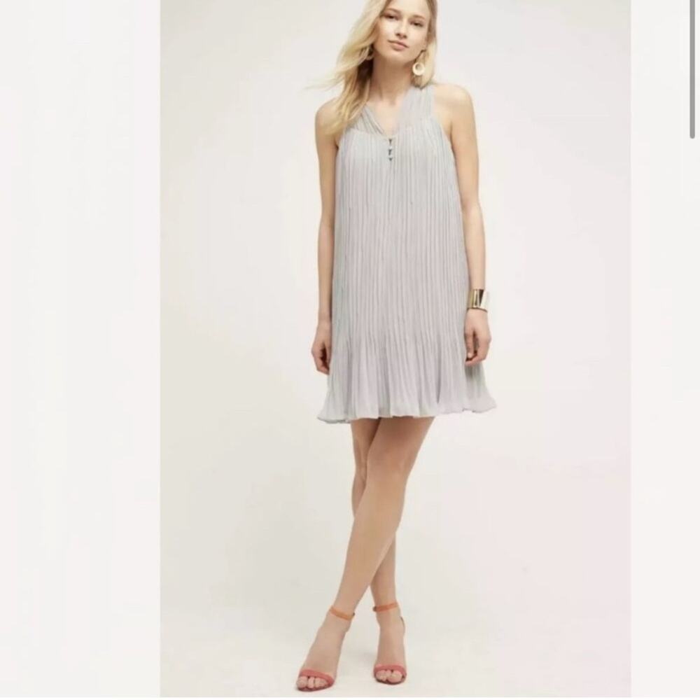 Anthropologie HD in Paris grey pleated chiffon mini‎ dress ruffles small petite
